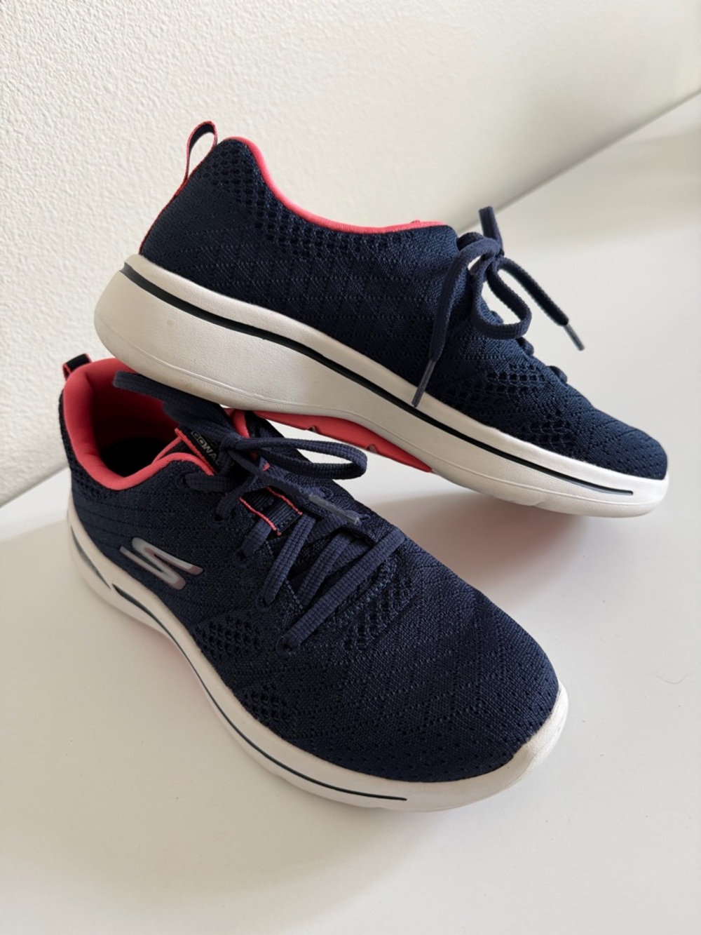 Skechers Navy Knit Slip-On Sneakers with Pink Accents